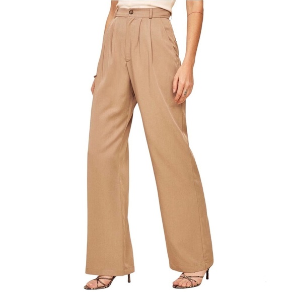 Reformation Mason Wide Leg Pants Size 12 Khaki Tan Trousers Tencel High Waist - Picture 1 of 10